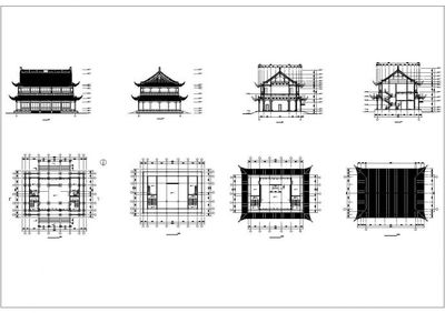 某二层仿古建筑亭台设计cad建筑施工图(大院设计)